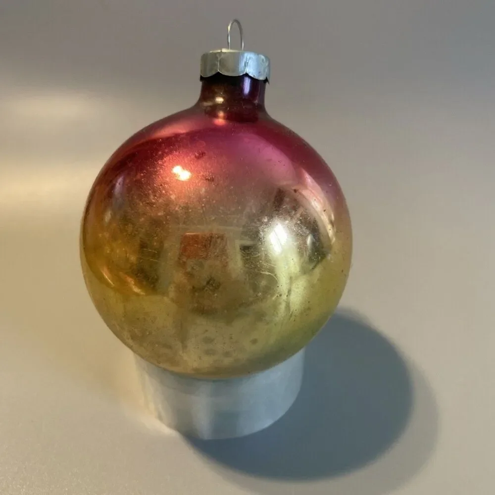 Vintage Christmas Ombre Glass Ornament Hand Made In USA Pink & Gold Fade